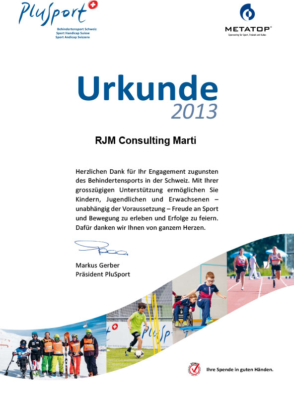 Urkunde Sponsoring PluSport-2013